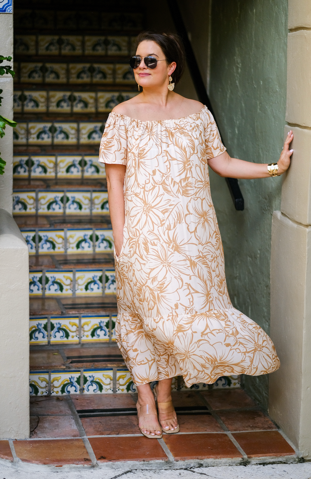 resort print dress Resort Life Strapless Belted Maxi Dress