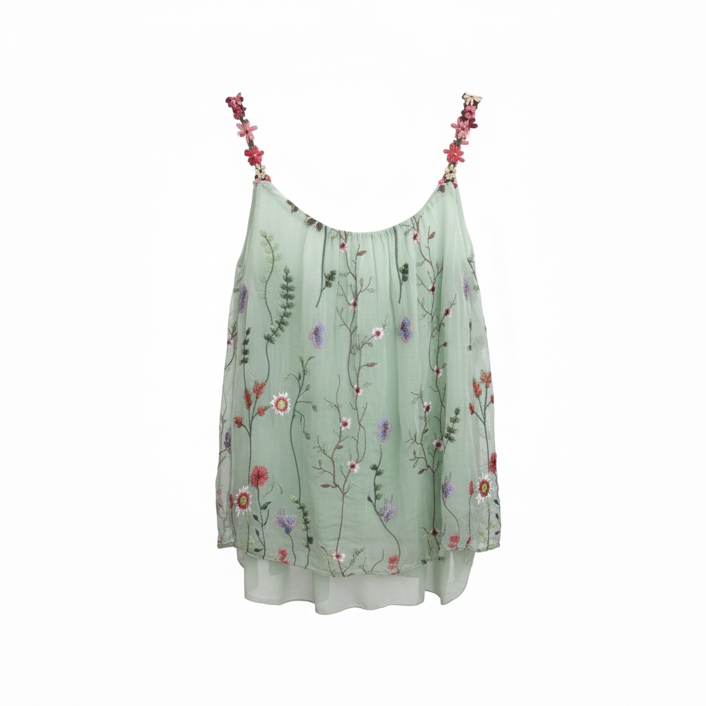 Italian Washable Silk Embroidered Floral Top