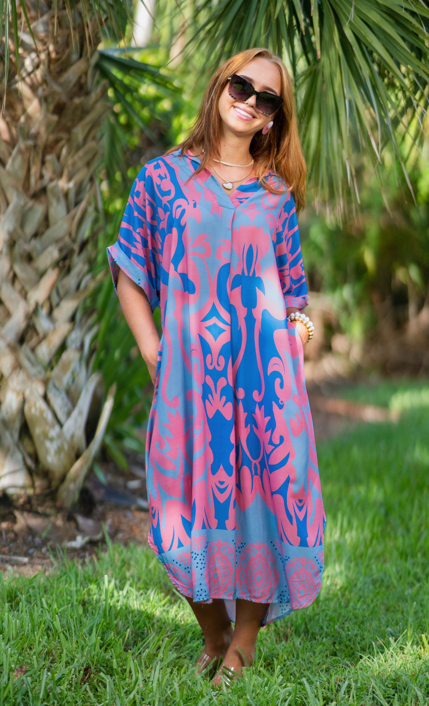 Rosanna - Beautifully exotic patterned pink and blue daytime dress