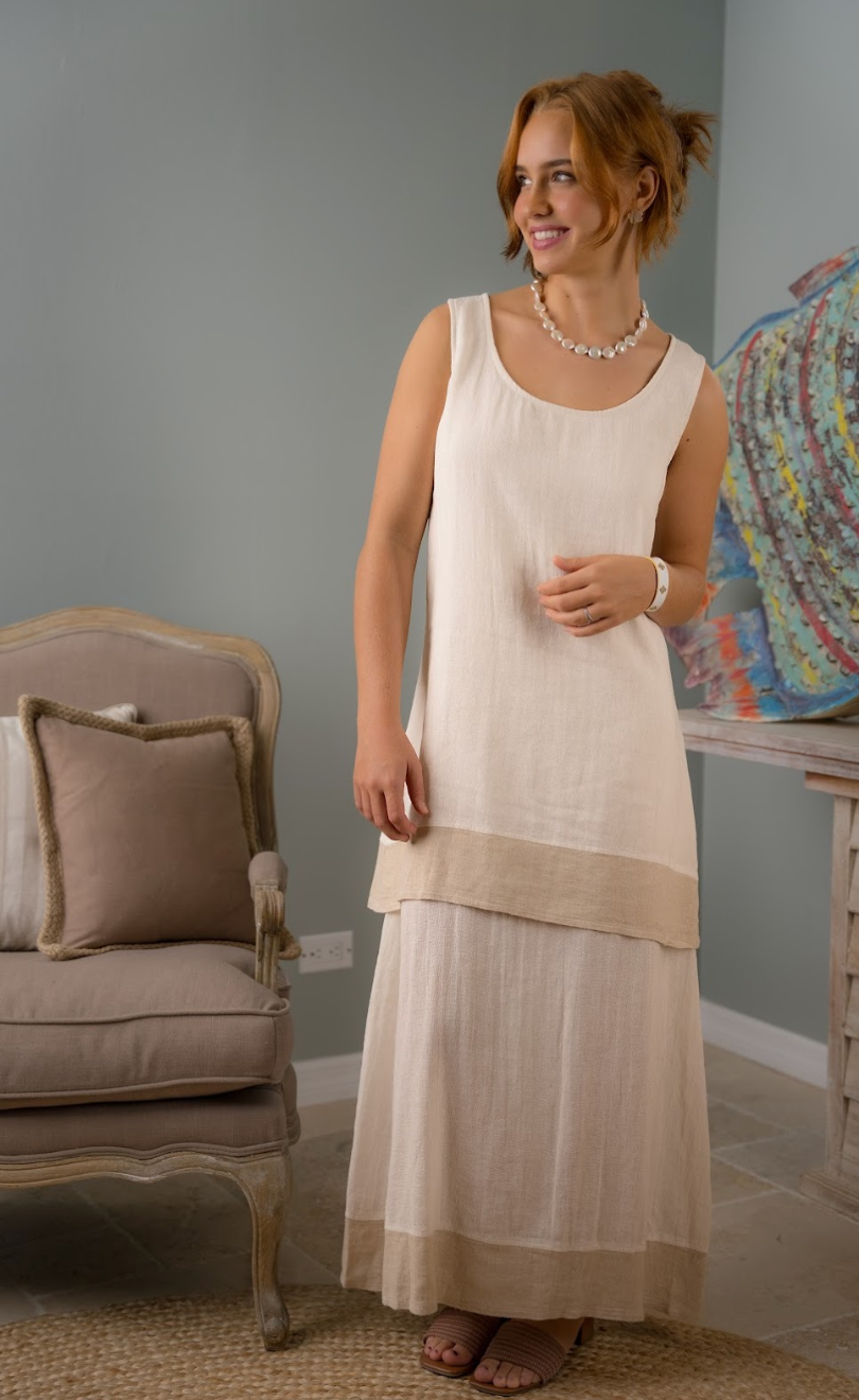 Kassandra - Stunning sleeveless two tone cream and sand cotton/linen maxi dress