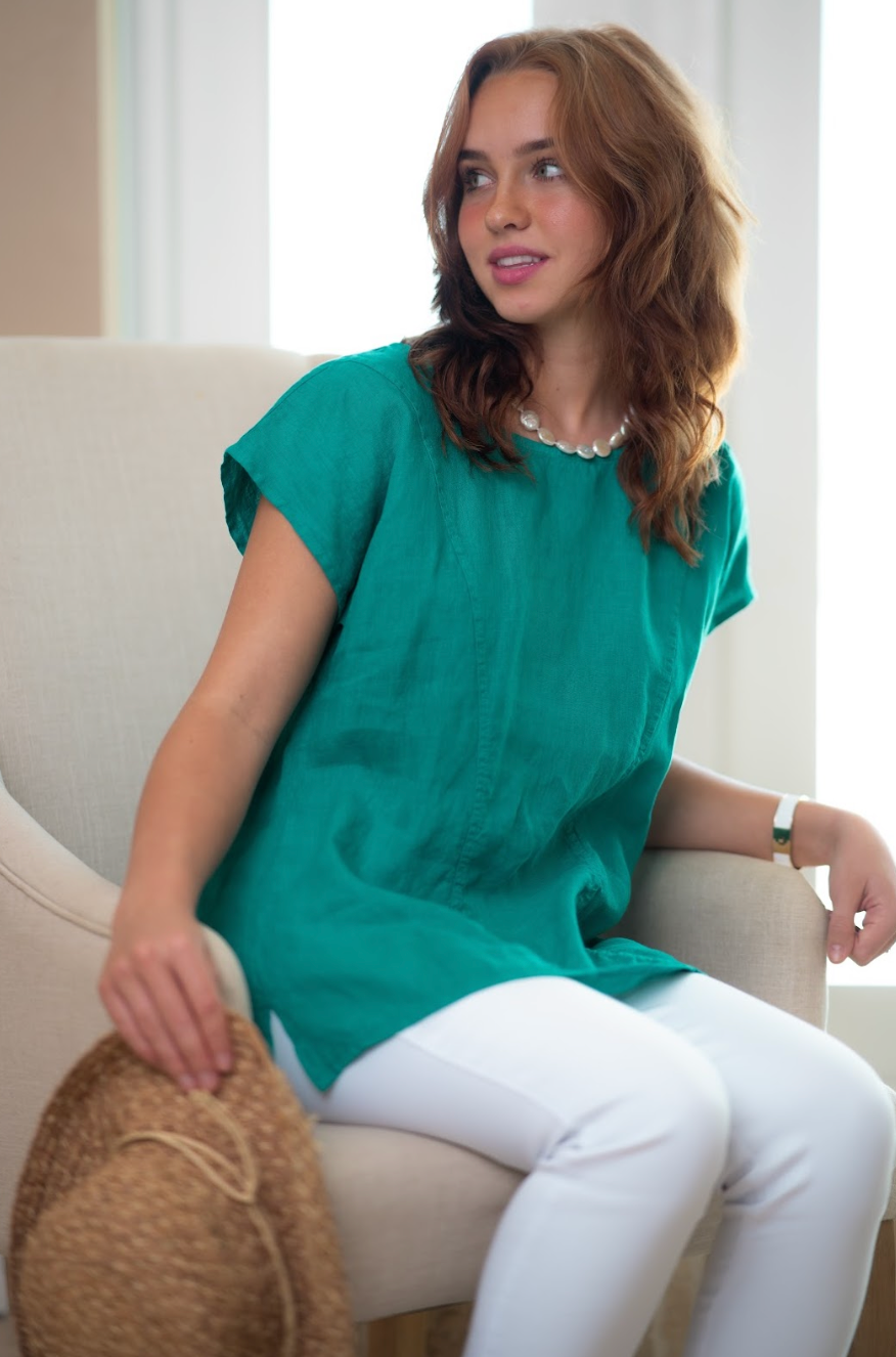 Resort Wear Top - Adele Short Sleeve Linen Top for All Occasions Teal