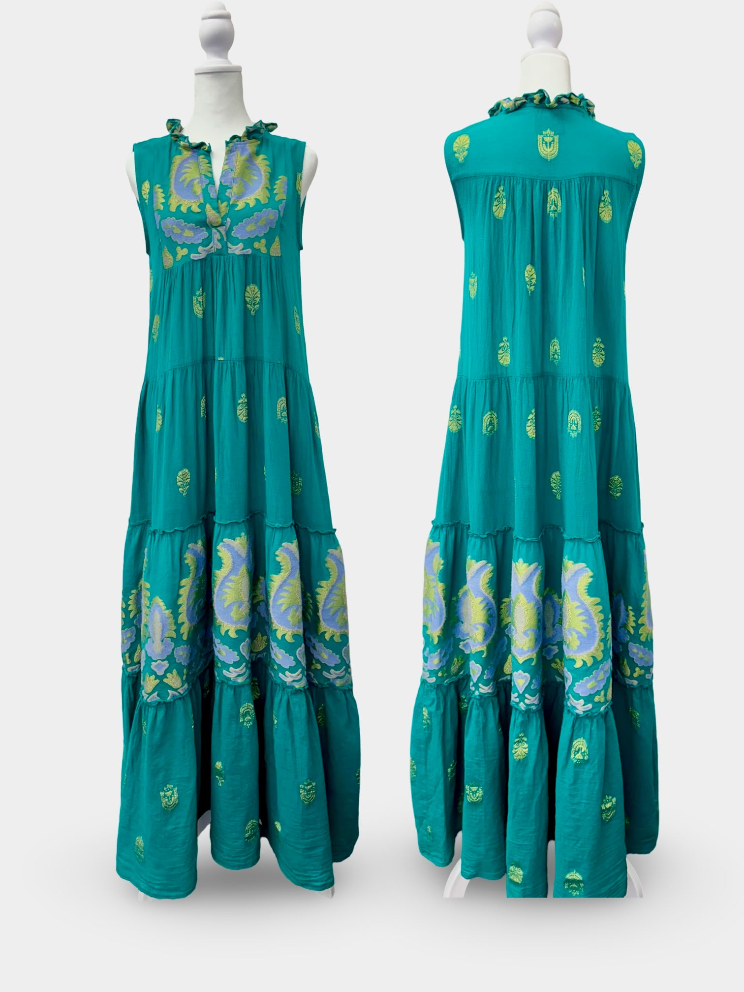 Alexandra Stunning V-neck Embroidered Sleeveless Maxi Dress | Resort Wear | Green