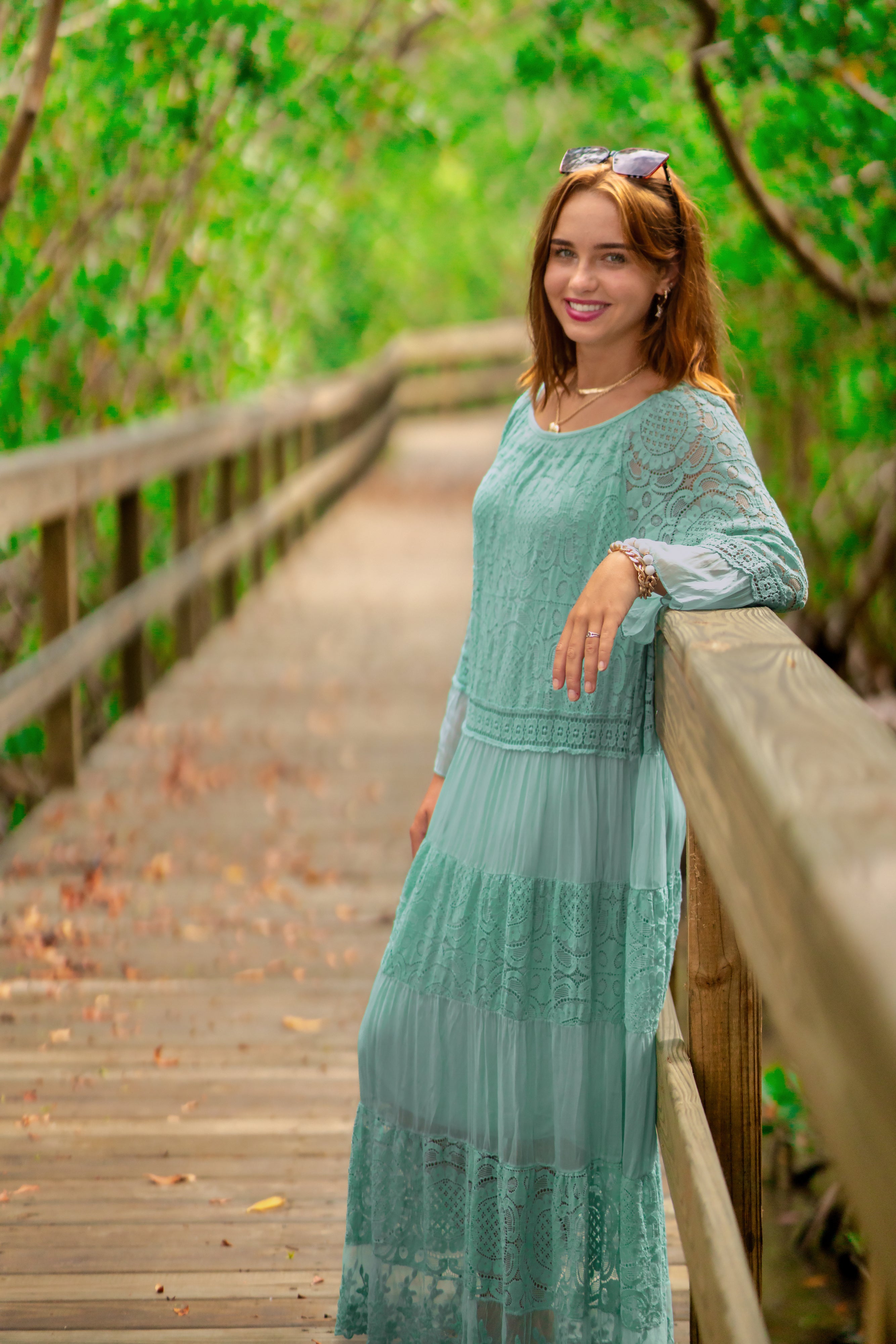 Resort Wear Dress - Elegant Mint Lace ¾ Sleeve Maxi Dress