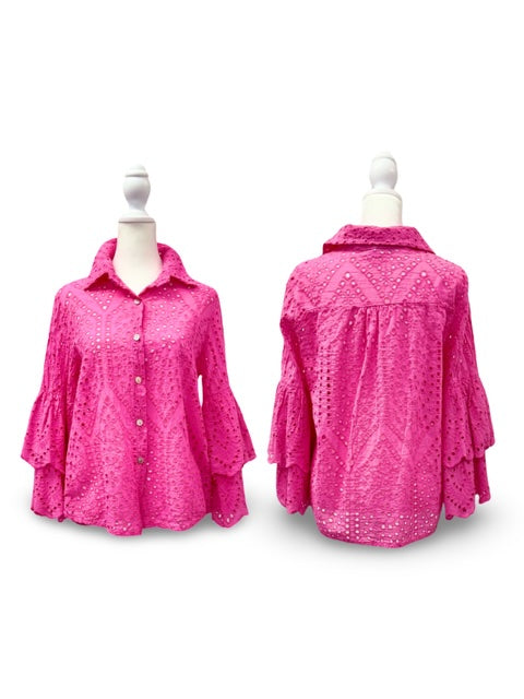 Resort Wear Top - Bella Top with 3/4 Ruffled Sleeves Fuchsia