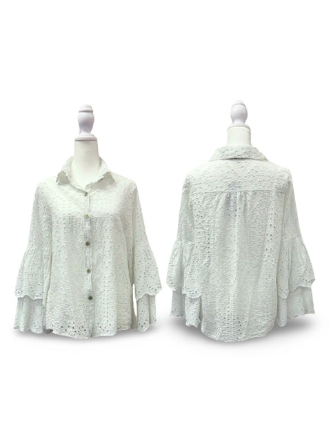 Resort Wear Top - Bella Top with 3/4 Ruffled Sleeves White